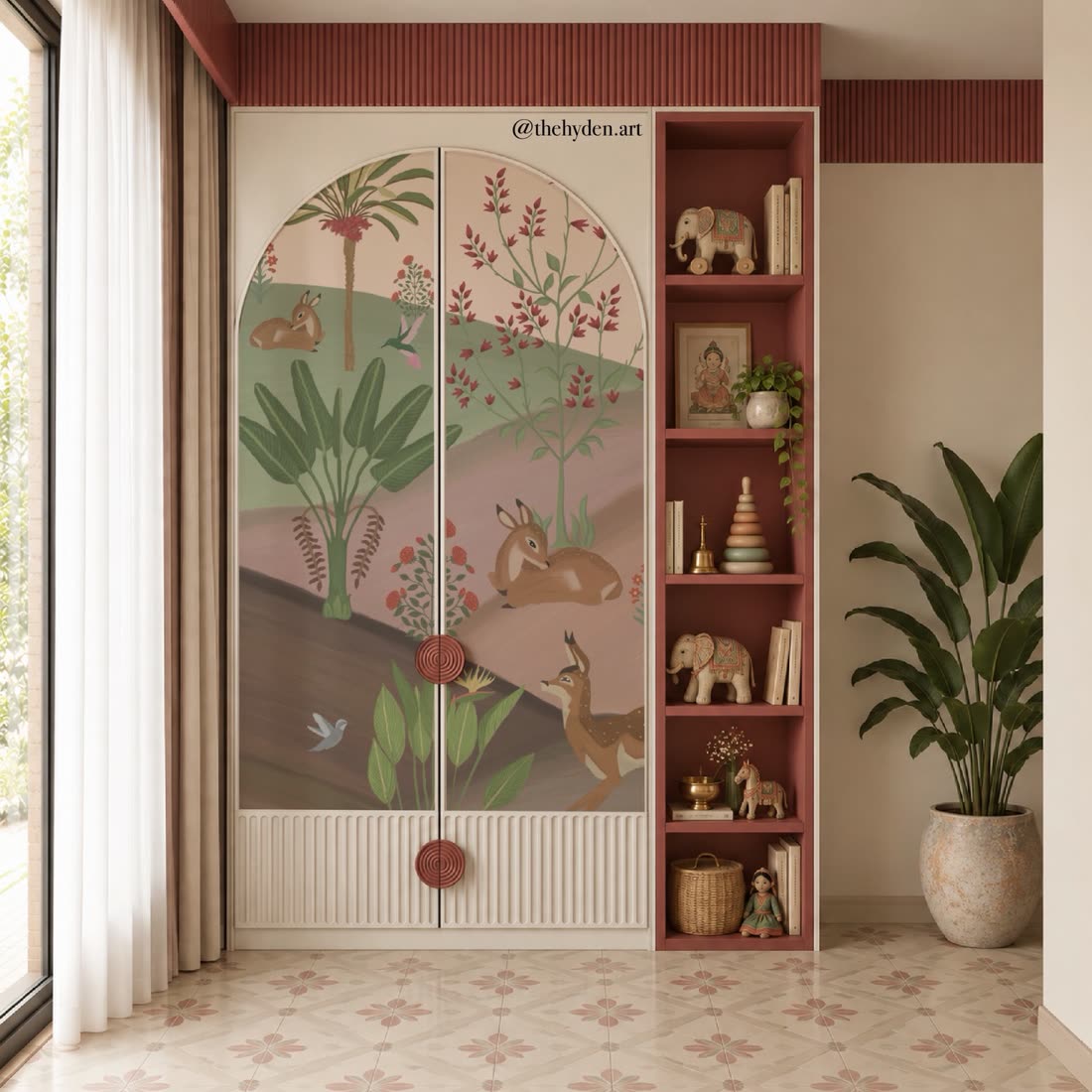 Aranya mural with deer and palm trees on wardrobe doors